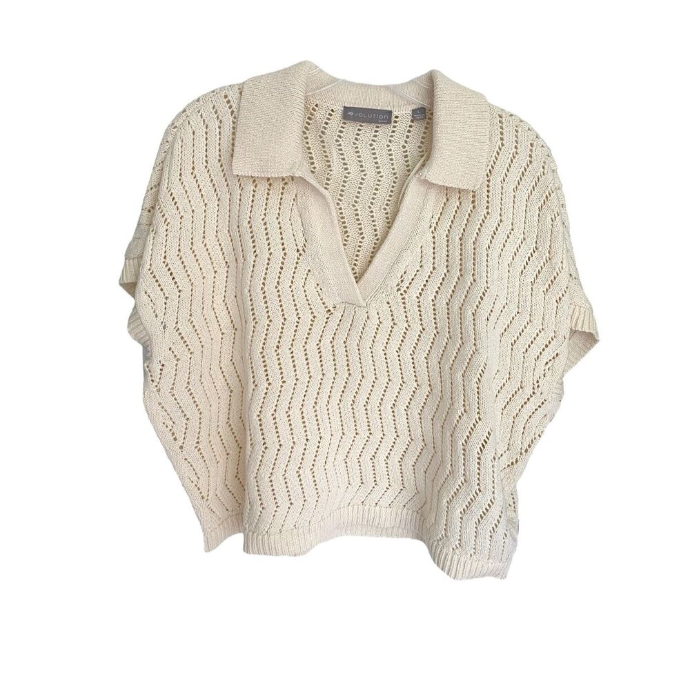NWT Evolution by Cyrus V-Neck Collared Cream Knit Polo Sweater Sz L